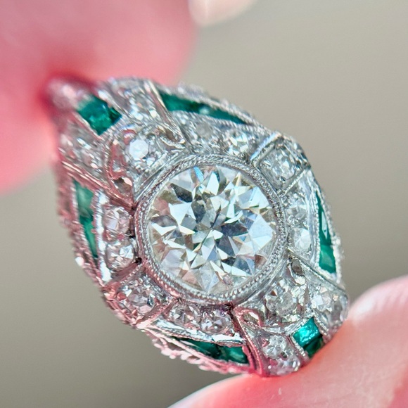 Art Deco Platinum Diamond Emerald Engagement Ring - Picture 11 of 17